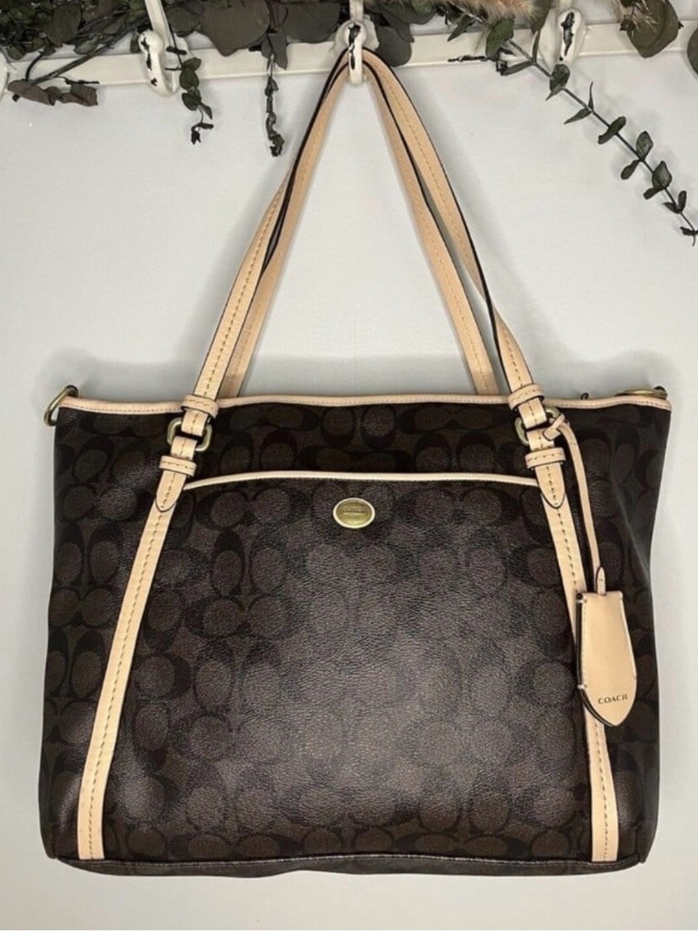 Coach Dark Brown Signature Canvas Shoulder Tote with Cream Trim
